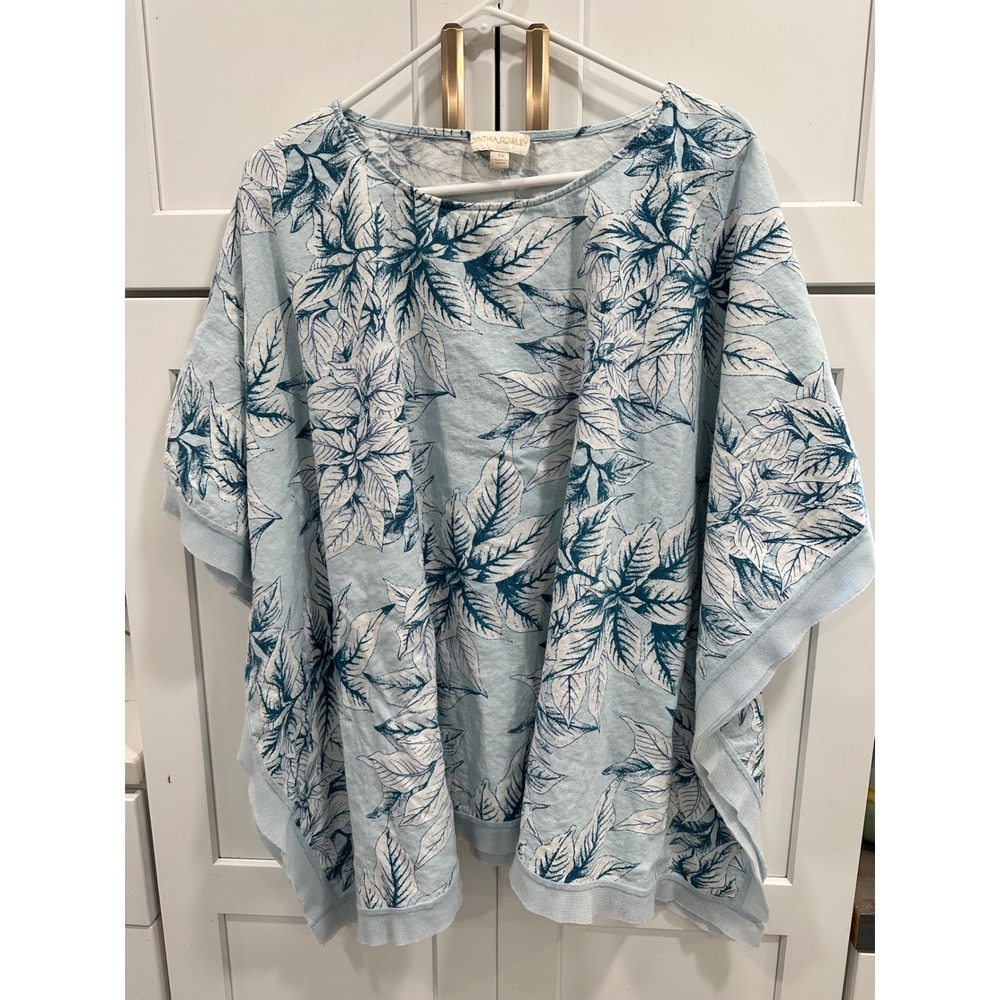 Cynthia Rowley Womens 1X Linen Blend Poncho Top Blue Botanical Leaf Print Boho